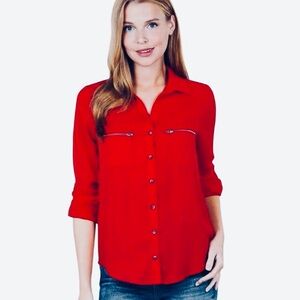 Calvin Klein Red Split Collar Button Down Gold Detailing‎ Zipper Pockets Sz M